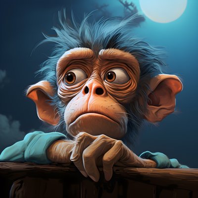 Drawing of a Joey Monkey with an Eye in the Style of Emotive Surreal Character Studies, Colorized, Pensive Poses, Topcor 58mm f/1.4, Caricature-Like Illustrations, #vfxfriday, Solarizing Master 3 by Kurt Heppke