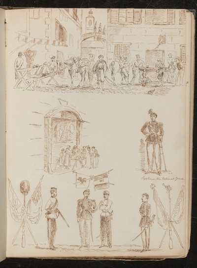 A town scene with soldiers drinking, study of a market stall, study of a Piedmontese national guard, study of four soldiers and crossed flags by Lady Butler