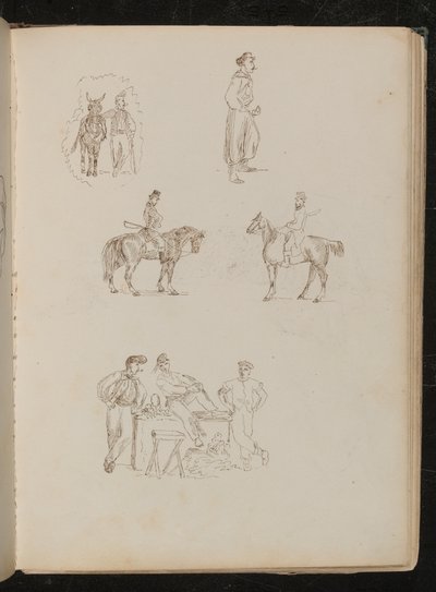 Studies of Male Figures with Horses, Study of Soldier Smoking and with Sword, Study of Three Fruit Sellers with Stall by Lady Butler