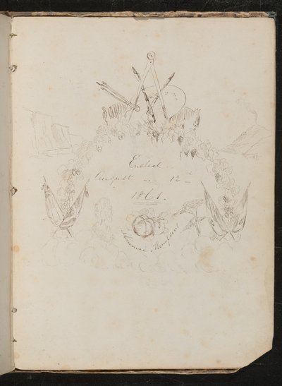 Study of Artists Materials, Butterfly, Flowers, Flags, Cliff Face and Garland in Coat of Arms Formation Around Inscription "Ended August 12th 1861" by Lady Butler