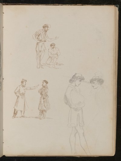Two pen studies of pairs of soldiers in conversation, one pencil study of two young men in conversation by Lady Butler