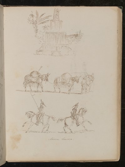 Water fountain in foliage, study of three joined packhorses, study of two soldiers on horseback inscribed 
