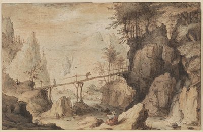 Draughtsman on a Stone Before a Bridge by Lambert Doomer