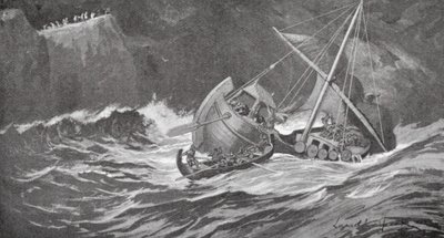 The timber ship was caught in a storm and the monks went to its aid in small boats by Lancelot Speed