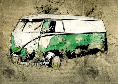 Artistic Green Bus by Lembayung senja studio [Vintage Poster]