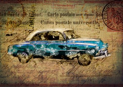 Retro Blue Car Postcard by Lembayung senja studio [Vintage Poster]