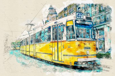 Urban Tram Watercolor by Lembayung senja studio [Vintage Poster]