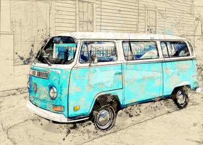 Vintage Blue Camper Van by Lembayung senja studio [Vintage Poster]