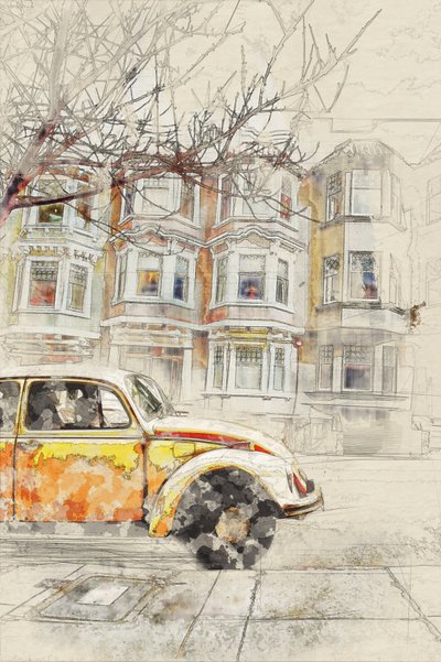 Vintage Car City Sketch by Lembayung senja studio [Vintage Poster]