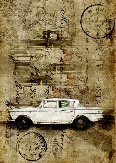 Vintage Car City Travel by Lembayung senja studio [Vintage Poster]