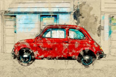 Vintage Red Car Street by Lembayung senja studio [Vintage Poster]