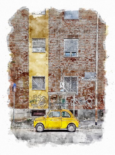 Yellow Classic Street Car by Lembayung senja studio [Vintage Poster]
