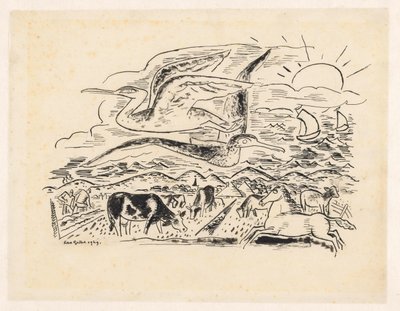 Two Birds Flying Over a Landscape with Cattle by Leo Gestel (signed by artist)