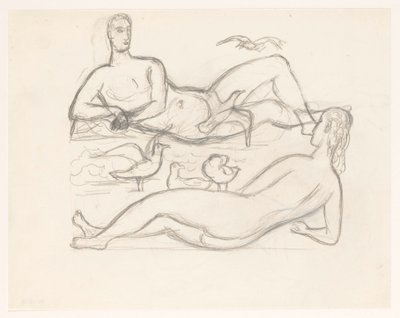 Naked Man and Woman on the Coastline, Surrounded by Seagulls by Leo Gestel
