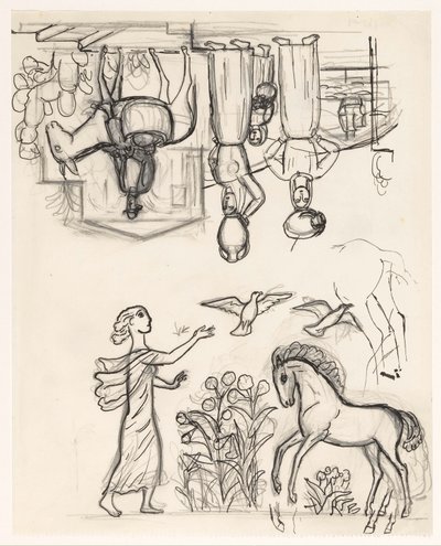Study Sheet with Two Women with Jugs on Their Heads, a Man on a Donkey, and a Woman Releasing Birds by a Foal by Leo Gestel
