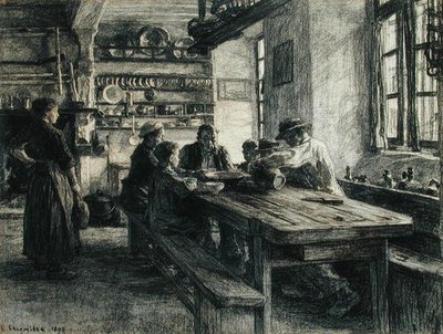 Figures in a Kitchen Interior by Leon Augustin Lhermitte