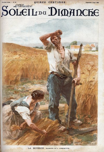 The harvest. Peasants mowing the wheat in a field. (based on the watercolour of L. Lhermitte) Engraving in Le sun-du-dimanche, August 6 by Leon Augustin Lhermitte