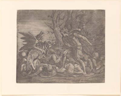 Young Man with Lion Skin Over His Head, Possibly Cadmus, Fighting a Dragon by Leon Davent