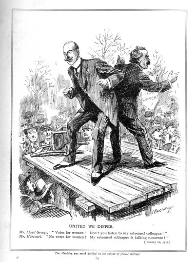 Lloyd George and Harcourt, both ministers in the Liberal Government, disagree about giving votes to women by Leonard Raven Hill