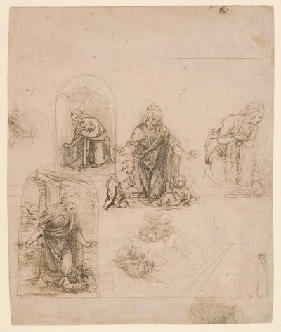 Compositional Sketches for the Virgin Adoring the Christ Child, with and without the Infant St. John the Baptist; Diagram of a Perspectival Projection (recto); Slight Doodles (verso) by Leonardo da Vinci