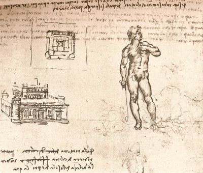 Drawing of plans for a castle, and of a nude figure, washed with Indian ink by Leonardo da Vinci