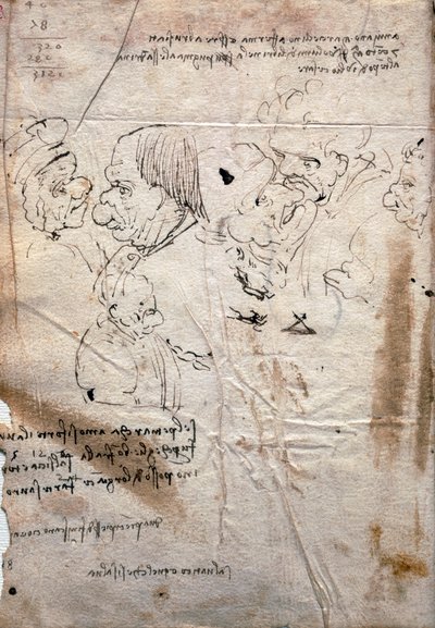 Male Caricatures and Library List, Codex Trivulzianus by Leonardo da Vinci