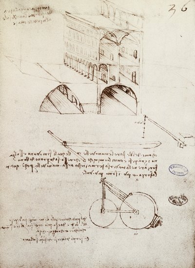 Manuscript B, f 36 r Architectural studies, development and sections of buildings in city with raised streets by Leonardo da Vinci