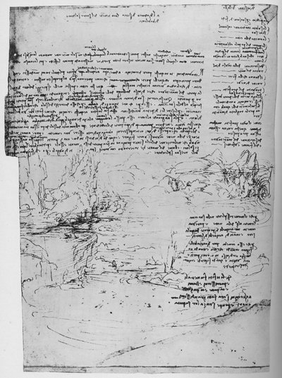 Page of Text with Sketches of Landscape, c. 1480, 1945 by Leonardo da Vinci