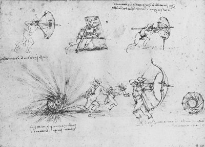 Studies of Shields for Protecting Foot Soldiers and of a Bomb Exploding, c1480 by Leonardo da Vinci