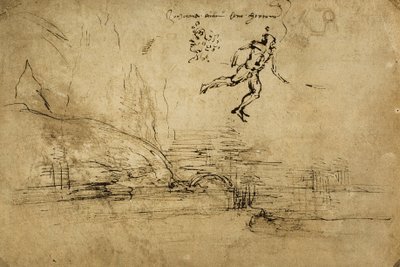 The back of a landscape drawing with the figure of a soldier by Leonardo da Vinci