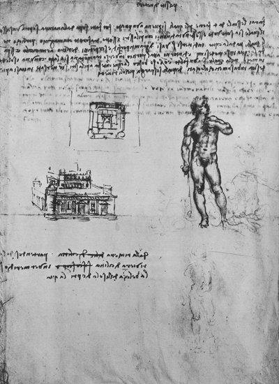 Two Studies of a Nude Figure and the View and Plan of a Building by Leonardo da Vinci