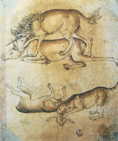 Unicorn attacking a cow and leopard attacking a sheep, study of animals by Leonardo da Vinci