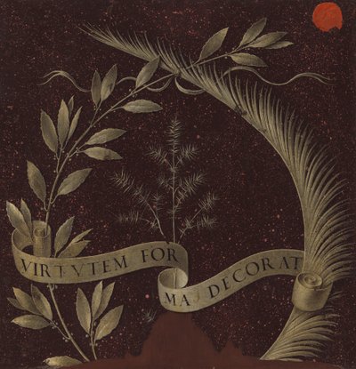 Wreath of Laurel, Palm, and Juniper with a Scroll Inscribed Virtutem Forma Decorat, c.1474-78 by Leonardo da Vinci