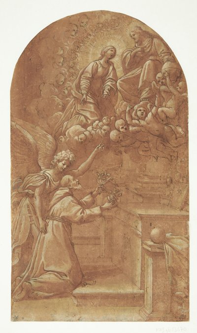 A Kneeling Franciscan (Francis of Assisi?), Supported by an Angel, Offering Flowers to the Enthroned Christ, Who Appears Carried by Angels with Mary Interceding by His Side by Leonello Spada