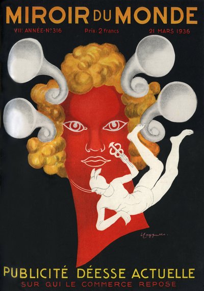 Allegory of the Advertising Current Goddess on whom commerce rests, with Mercury, god of travellers and commerce. Cover of Mirror du monde magazine n°316, March 21 by Leonetto Cappiello