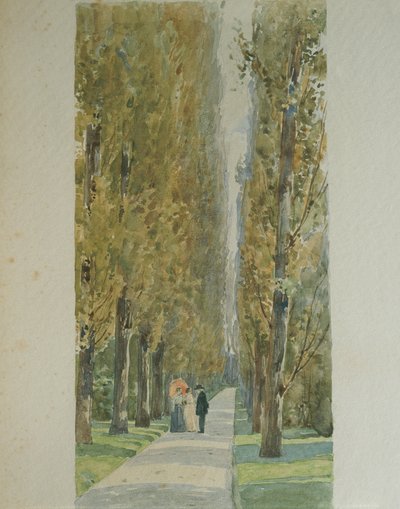Giuseppe Verdi conversing with friends along the tree-lined avenue at his villa in Sant