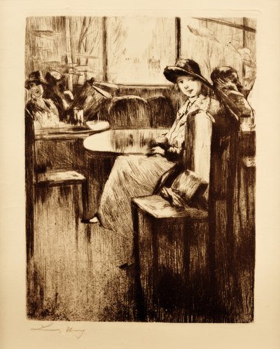 Young Girl in Café with Street View by Lesser Ury