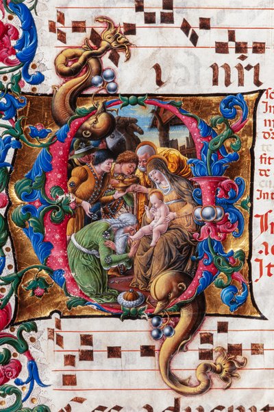 Piccolomini Library: choir book, cod. 19.4, ff. 9v with Adoration of the Magi (detail) by Liberale da Verona