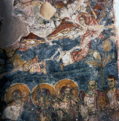 Angel and Saints, Fresco in Monastery of Agios Georgios, Diavaide, Crete, Greece by Unbekannt Unbekannt