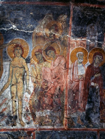 Christ, Madonna and Saints, Fresco in Monastery of Agios Georgios, Diavaide, Crete, Greece by Unbekannt Unbekannt