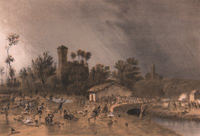 First Division of Regina Brigade attacking Montreoli Bridge, Palestro, Lombardy by Unbekannt Unbekannt