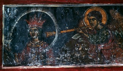 Saint playing the horn, fresco in the Church of Agios Ioannis Prodromos, Margarites, Crete, Greece by Unbekannt Unbekannt