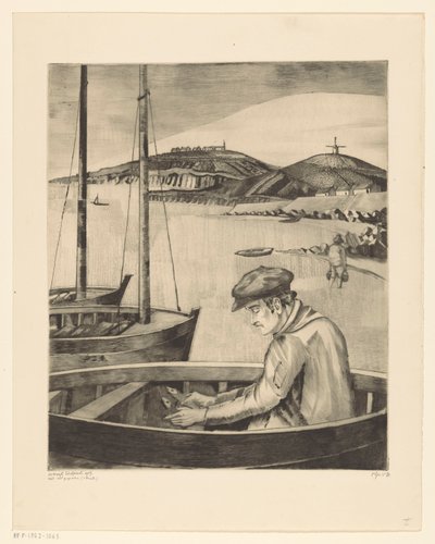 Fisherman in a Moored Boat by Lodewijk Schelfhout (signed by artist)