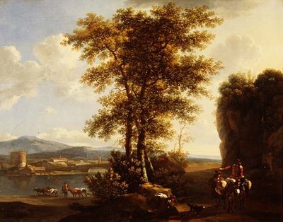 An Italianate wooded river landscape with travellers on a path, a herdsman with cattle and a town beyond by Lodewyck van Ludick