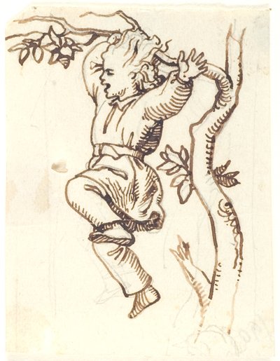 Boy Hanging on a Branch in a Tree by Lorenz Frølich