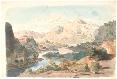 Italian Mountain Scene with River and a Building to the Left by Lorenz Frølich