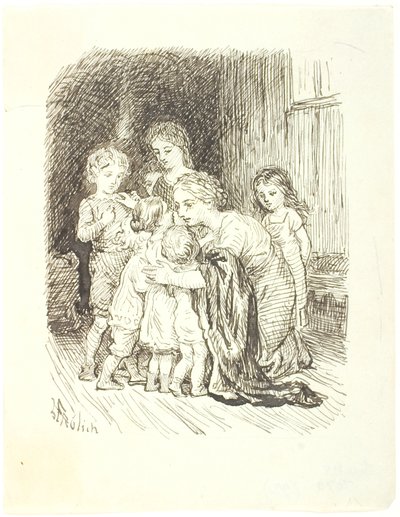 A Mother Kneeling and Gathering a Flock of Children Around Her by Lorenz Frølich