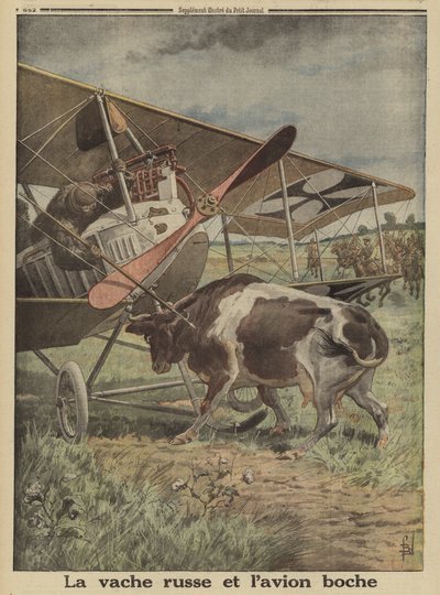 Cow preventing a German aircraft from taking off, Lutsk, Russia, World War I by Louis Charles (after) Bombled