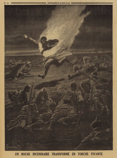 German soldier carrying flammable materials turned into a human torch during a night battle, World War I by Louis Charles (after) Bombled