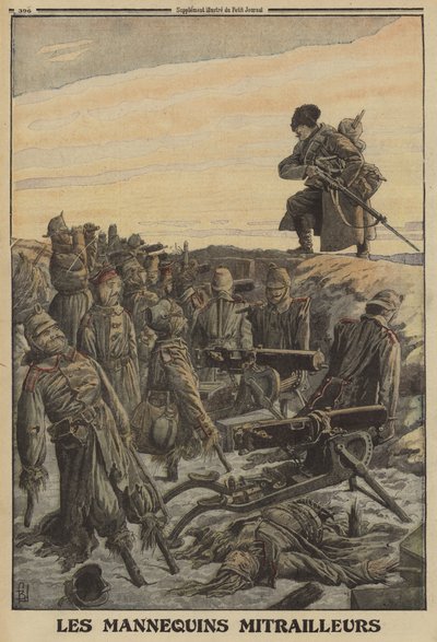 Russian soldier discovering a German trench with machine guns manned by dummy soldiers; World War I by Louis Charles (after) Bombled